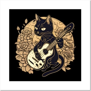 Cool Black Cat Playing Guitar - Funny Cats Posters and Art